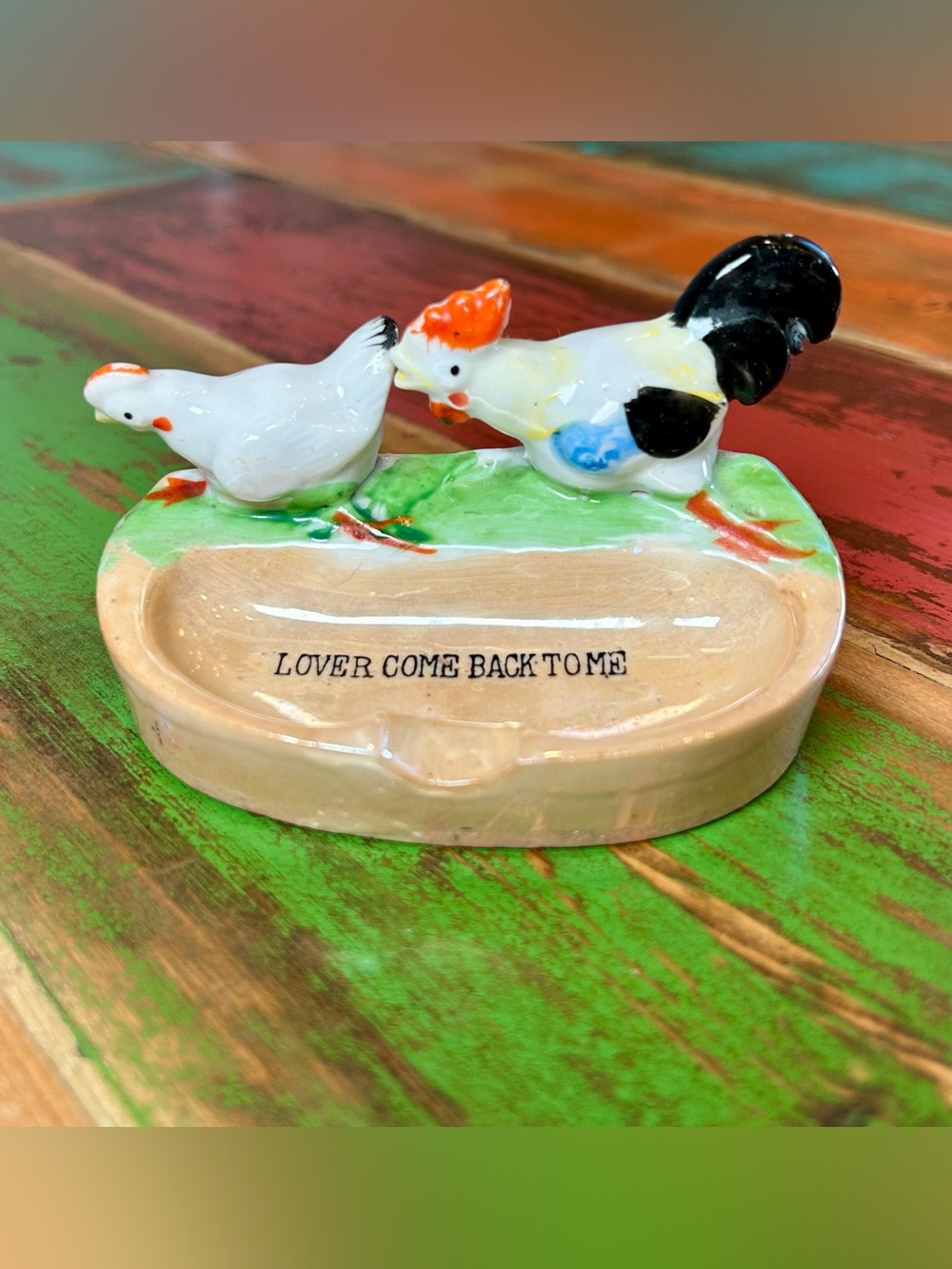 Retro 50s Japan Lusterware Rooster Chicken Tray Lover Come Back To Me - Picture 2 of 16